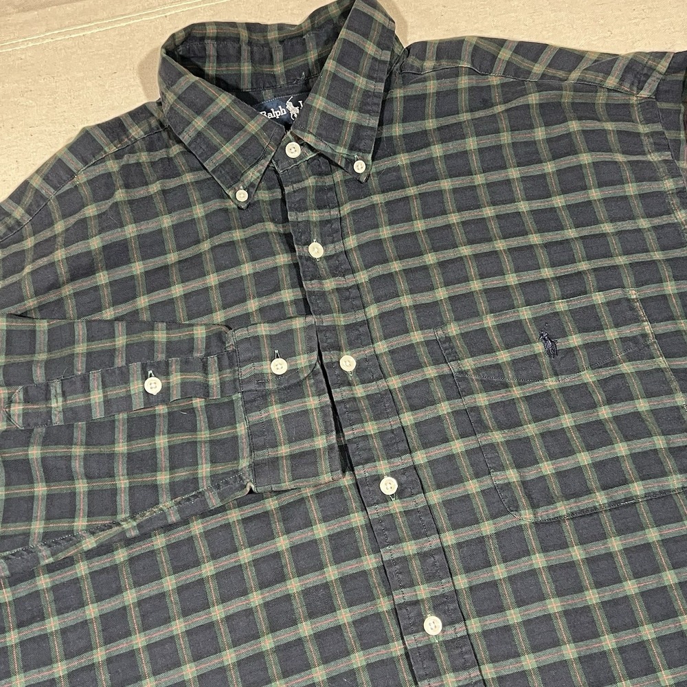 VTG Ralph Lauren Shirt Mens L Tartan Plaid Flannel Big Shirt Button Up USA Made